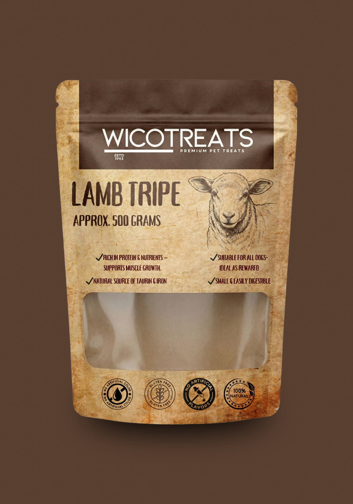 WicoTreats Lamspens 500 g – 100% natuurlijke hondensnack Wicotreats