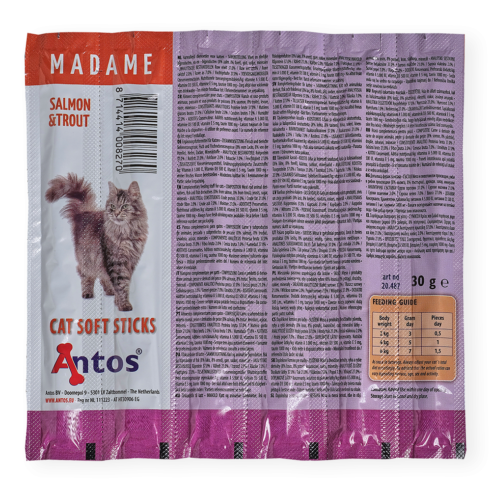 Antos Cat Soft Sticks Madame Zalm & Forel (6 stuks) - Graanvrije Kattensnack Antos