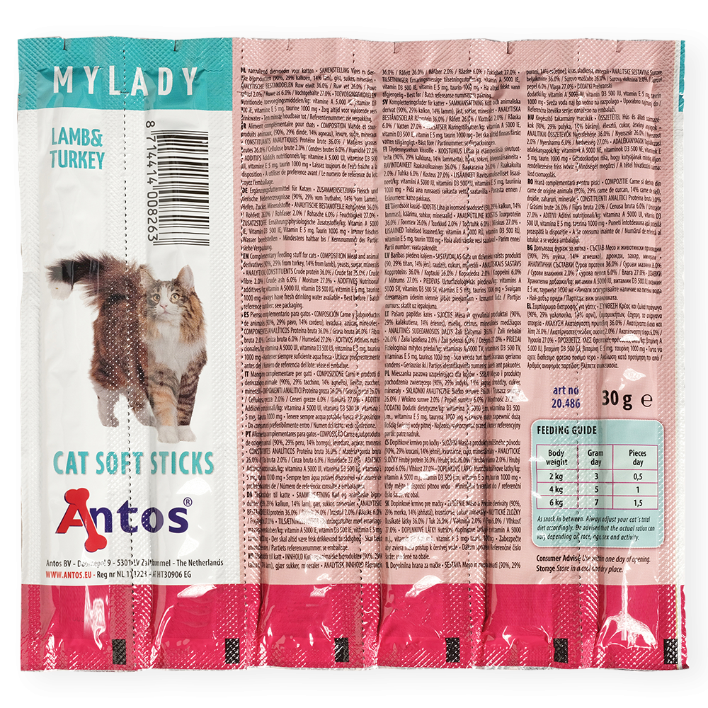 Antos Cat Soft Sticks Mylady Lam & Kalkoen (6 stuks) - Graanvrije Kattensnack Antos