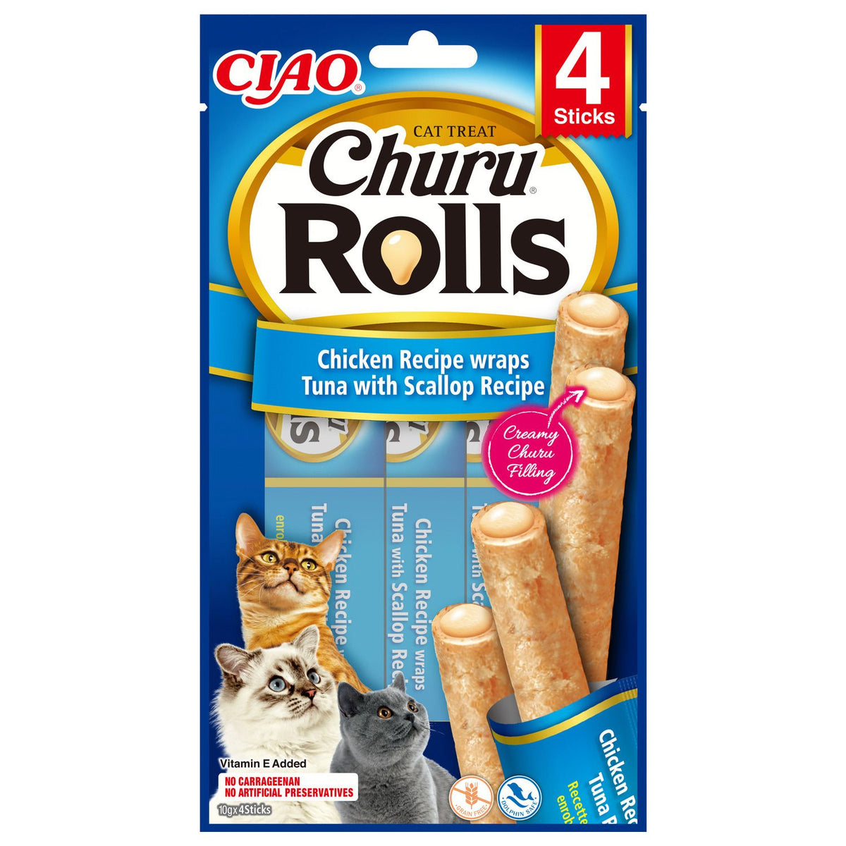 Inaba Churu Rolls Kip Tonijn Jacobsschelp (4 stuks) - Luxe Kattensnack Inaba