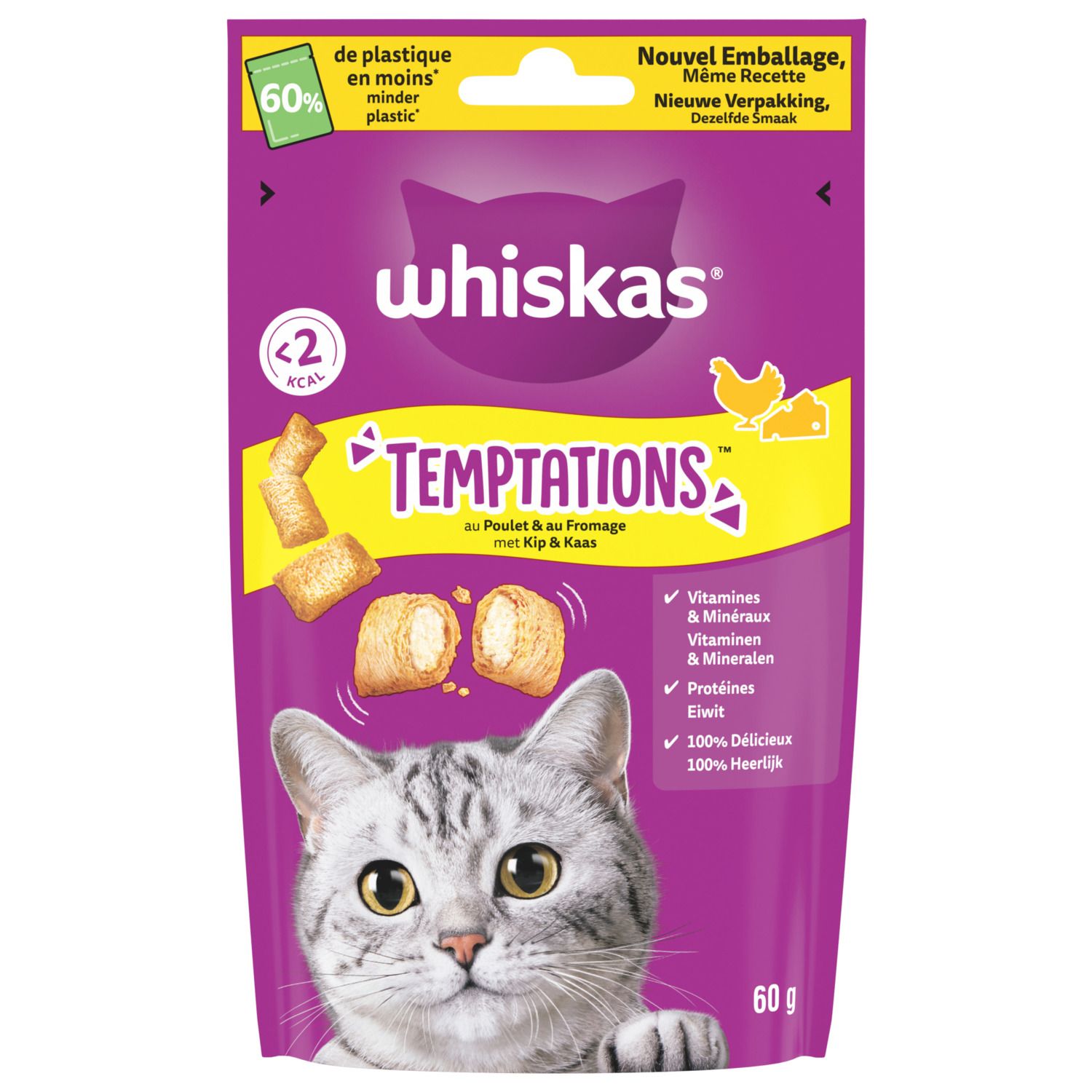 Whiskas Temptations Kip & Kaas 60 g - Krokante Kattensnack whiskas